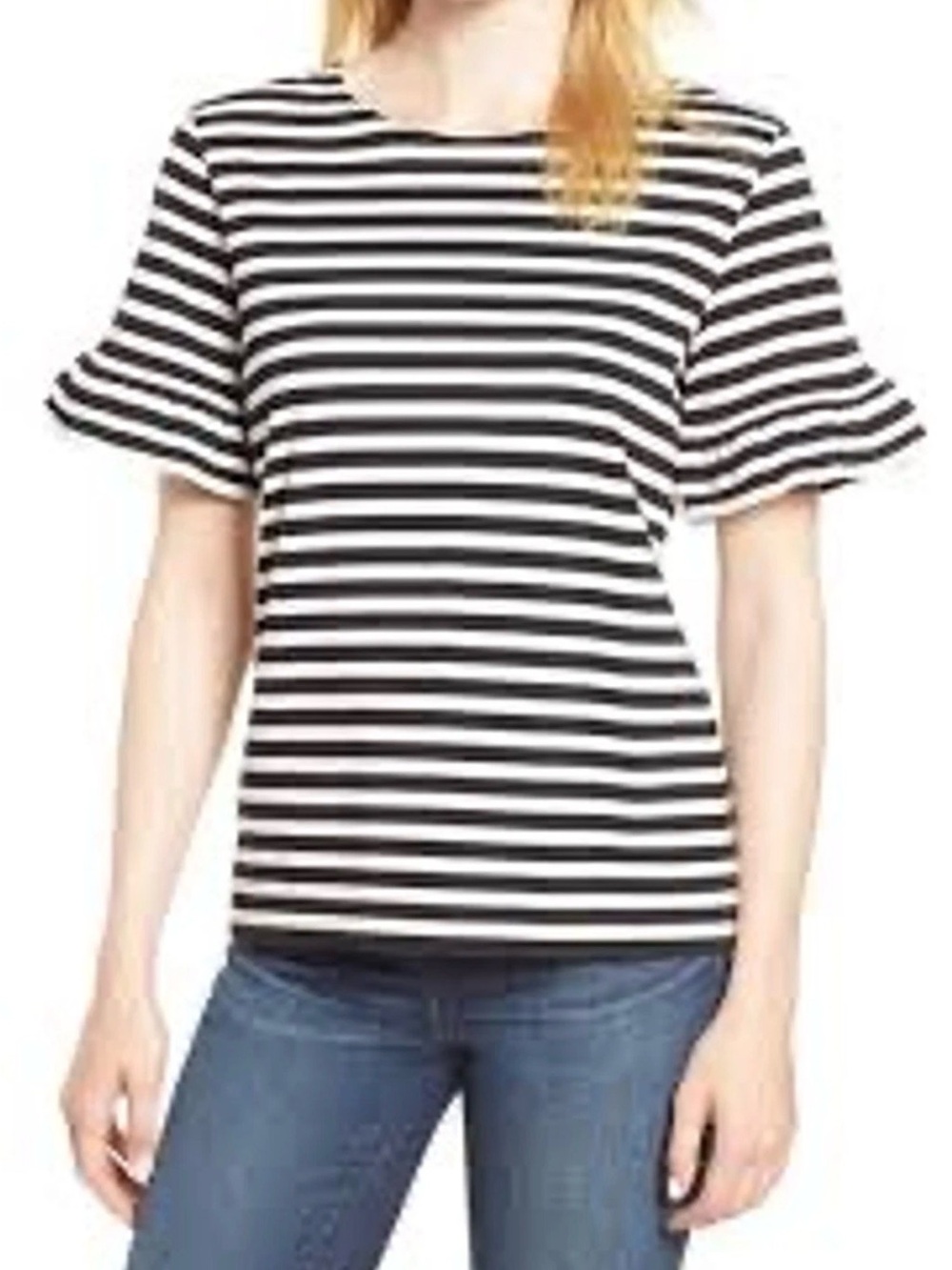 J. Crew Black & White Striped Flutter Sleeve Tee Size Medium Casual Classic Work